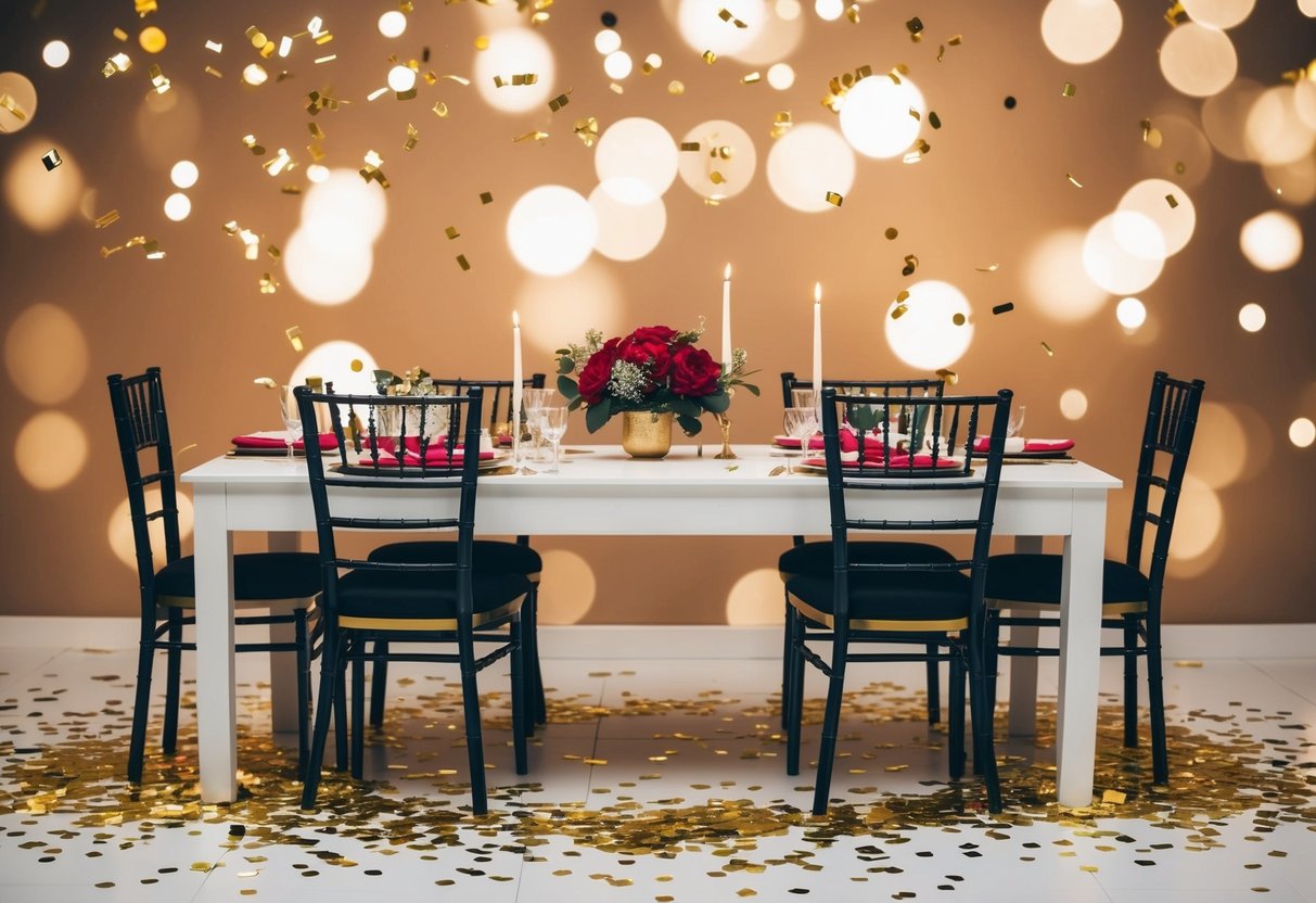 A festive table with empty chairs and scattered confetti