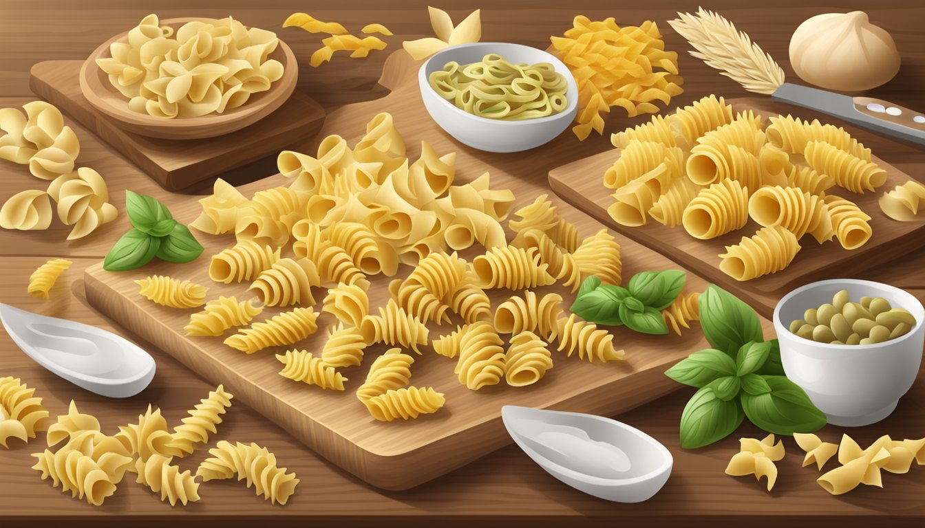 A variety of conchiglie pasta substitutes arranged on a wooden cutting board, including penne, farfalle, and fusilli