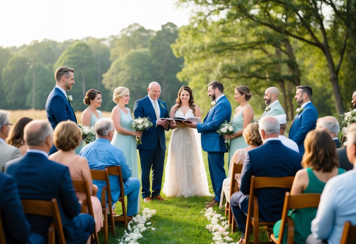 A group of celebrants gathered in a serene outdoor setting, engaging in a meaningful ceremony with a sense of purpose and unity