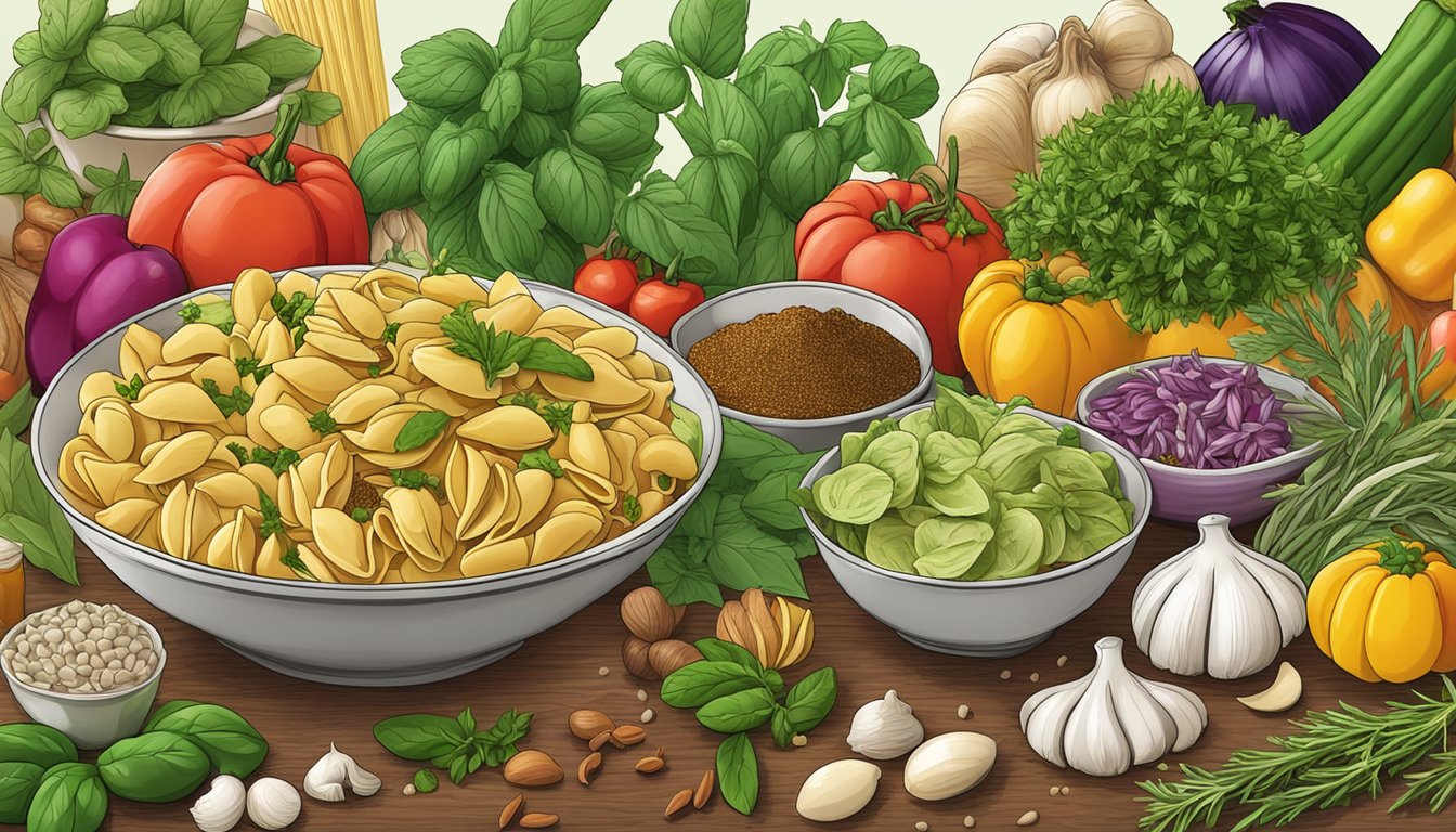 A colorful array of fresh herbs, vegetables, and spices surrounding a bowl of conchiglie pasta substitutes