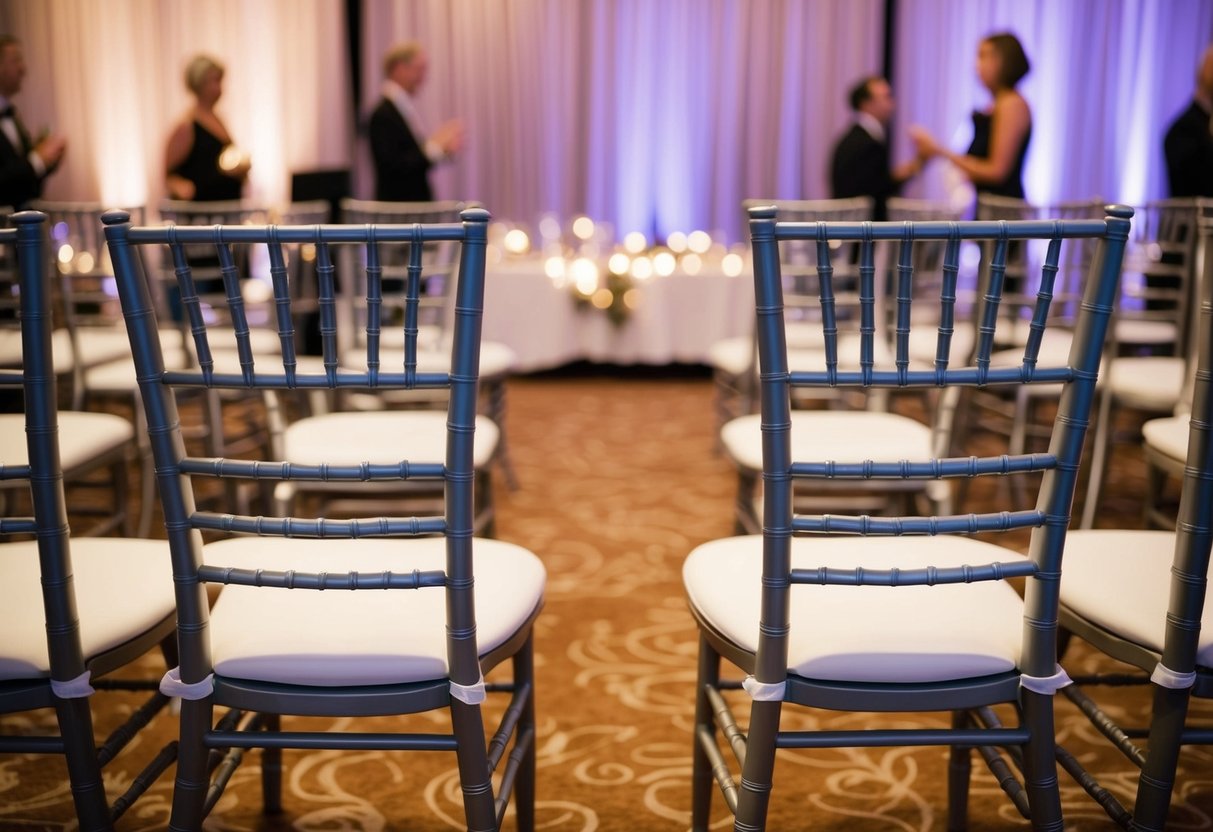 A line of empty chairs at a celebratory event, with a few scattered decorations and no people in sight