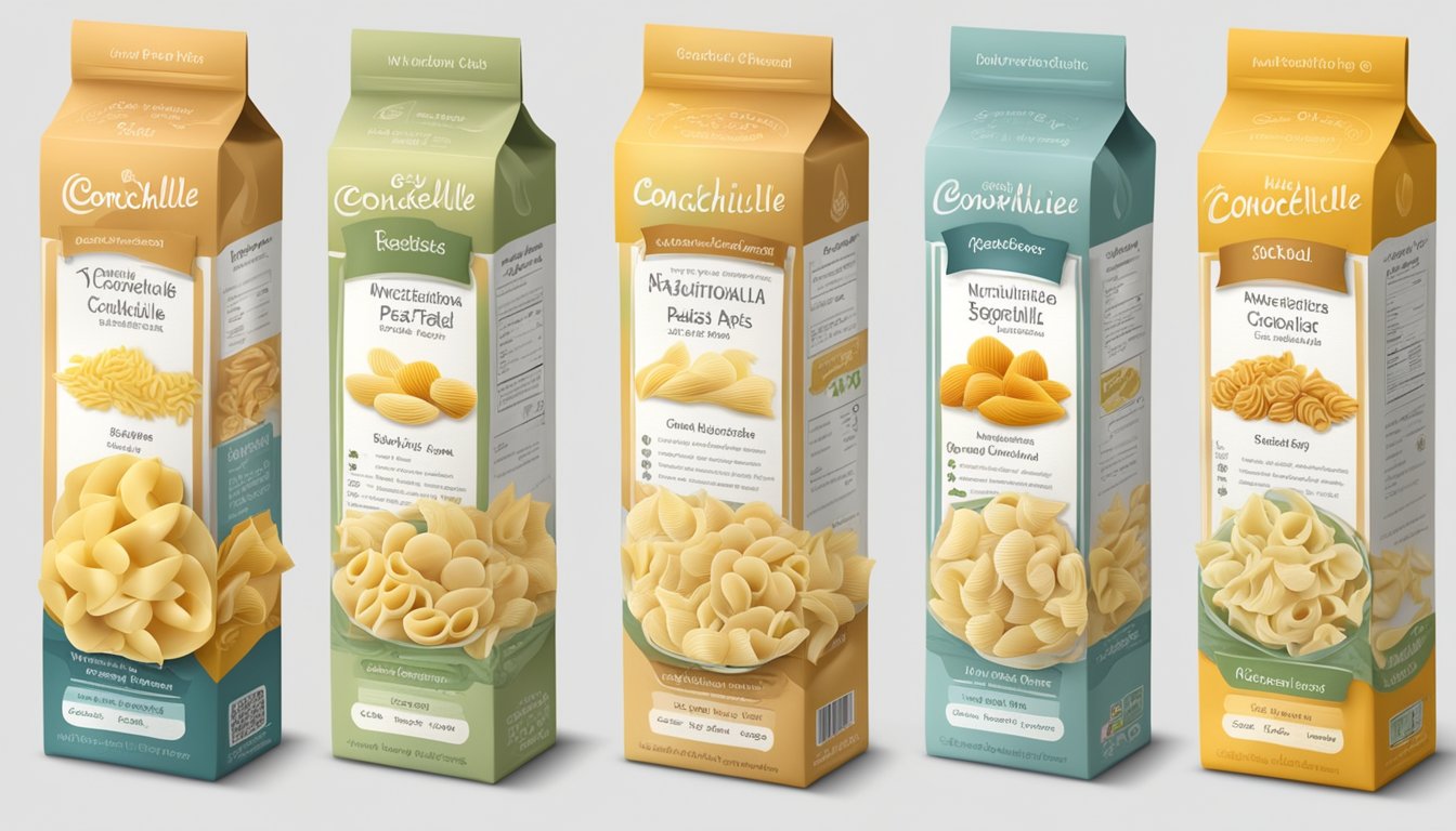 A variety of conchiglie pasta substitutes displayed with nutritional labels and dietary information