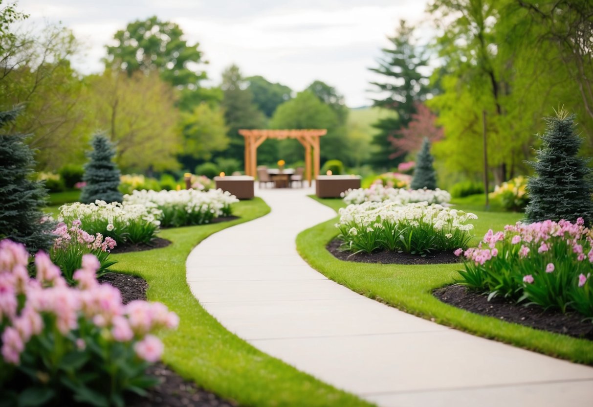 A serene outdoor setting with a winding path leading to a peaceful gathering space, surrounded by blooming flowers and lush greenery