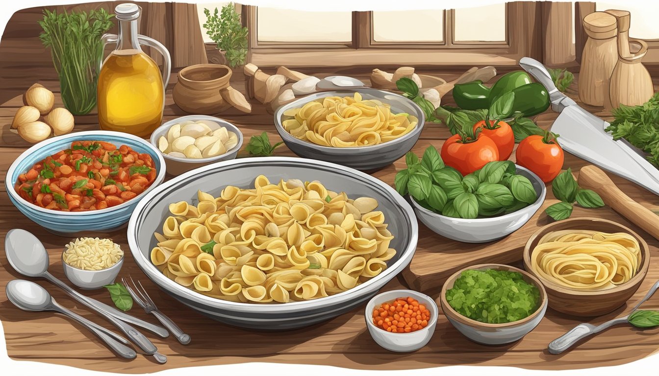 A rustic kitchen table with a bowl of homemade conchiglie pasta and various substitutes, surrounded by fresh ingredients and cooking utensils