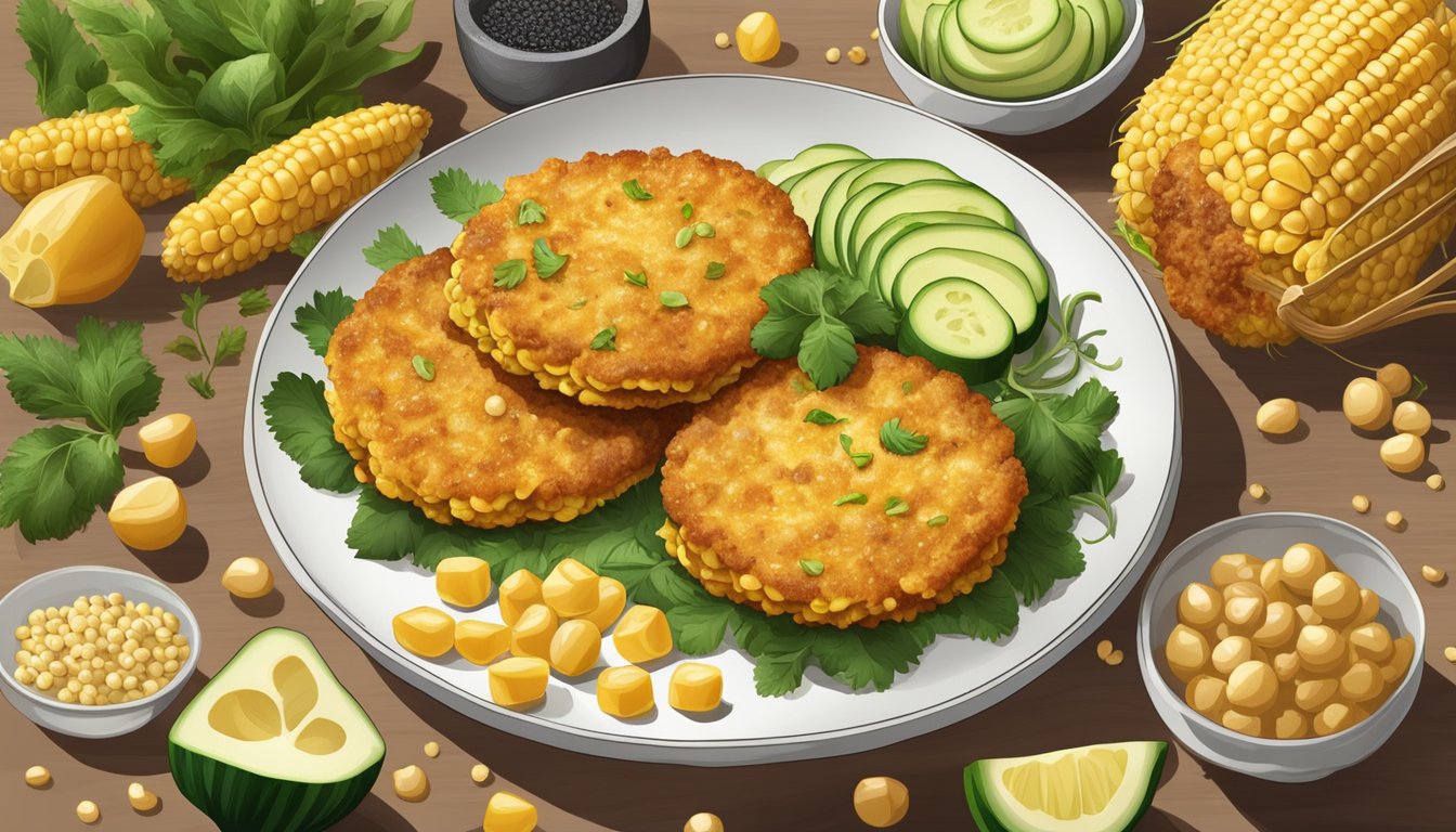 A plate of golden corn fritters surrounded by fresh corn, herbs, and various alternative ingredients like zucchini and chickpeas