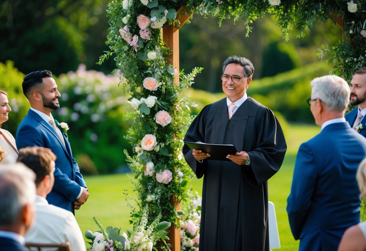A celebrant stands in a picturesque outdoor setting, surrounded by lush greenery and blooming flowers, ready to officiate a wedding ceremony