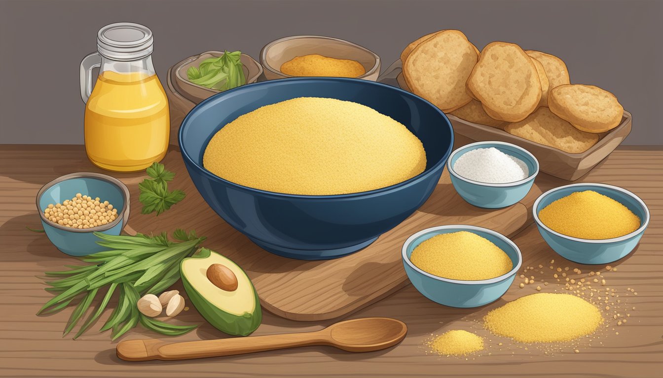 A bowl of cornmeal surrounded by various substitute ingredients, such as flour, almond meal, and chickpea flour, with a skillet and fritters cooking in the background