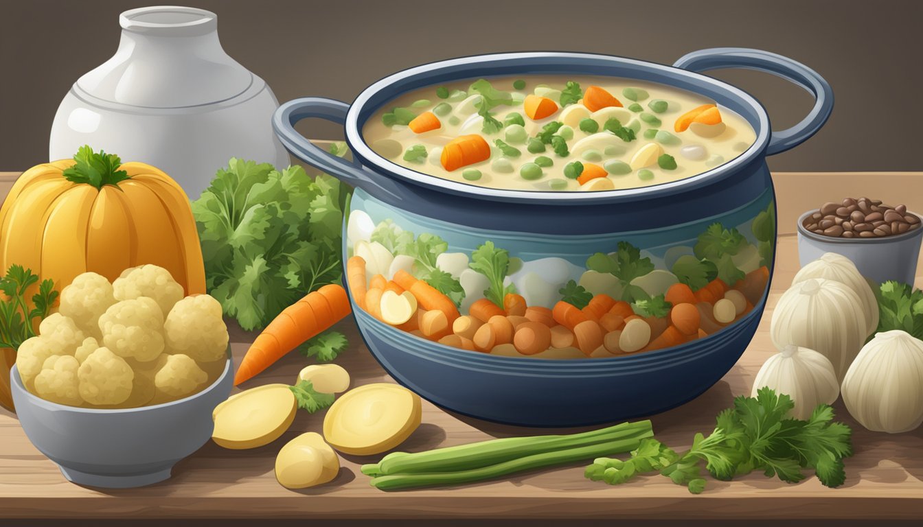 A pot of chowder with potatoes, celery, and carrots, but no corn. A variety of alternative ingredients like cauliflower, squash, and beans are displayed nearby