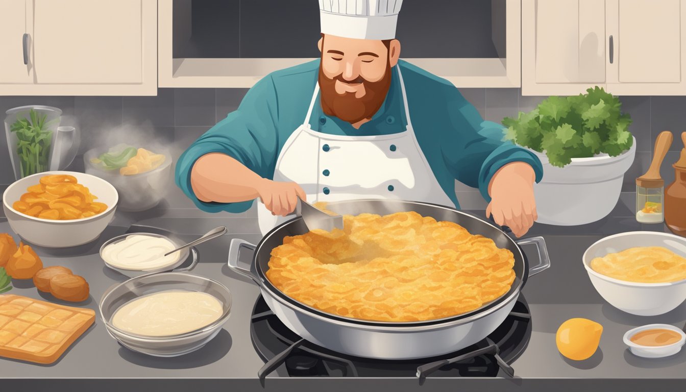 A chef mixing batter in a bowl, a skillet sizzling with frying fritters, and various ingredients laid out on a kitchen counter