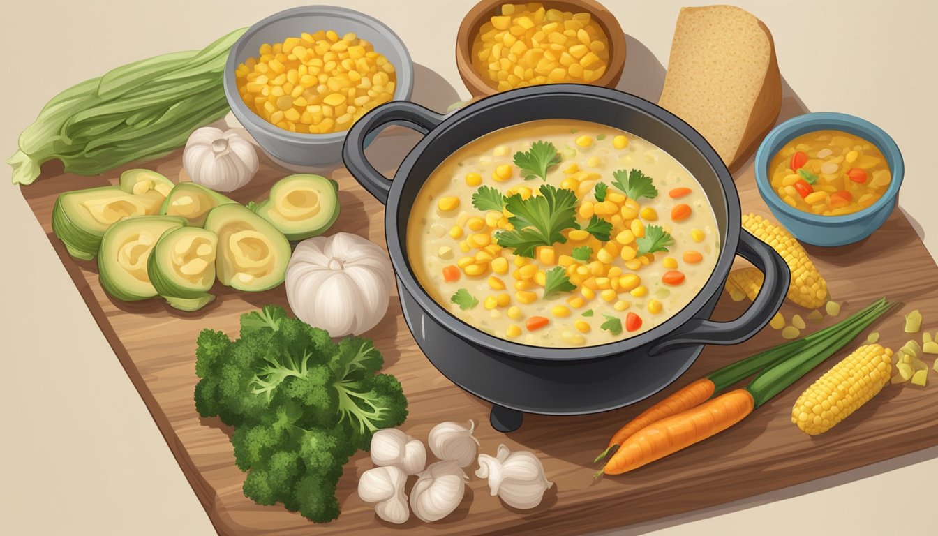 A pot of simmering corn chowder with a variety of vegetable and seasoning ingredients laid out on a wooden cutting board