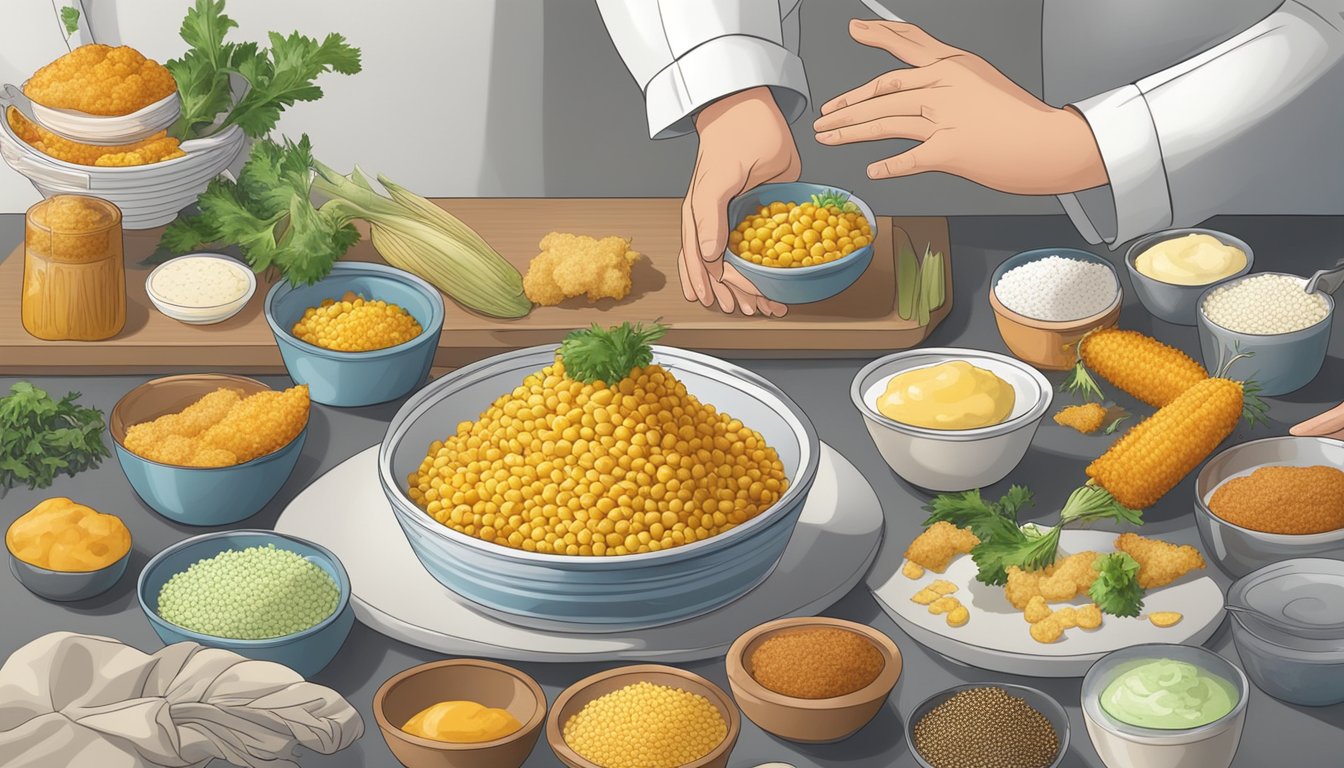 A chef's hand swaps ingredients in a bowl, surrounded by various alternative options for corn fritter substitutes