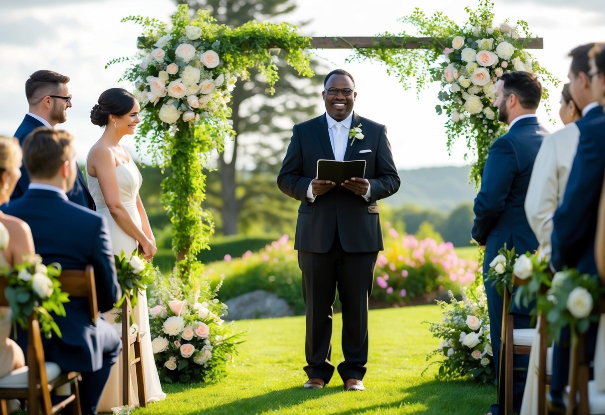 A celebrant stands in a picturesque outdoor setting, surrounded by lush greenery and blooming flowers, as they officiate a wedding ceremony