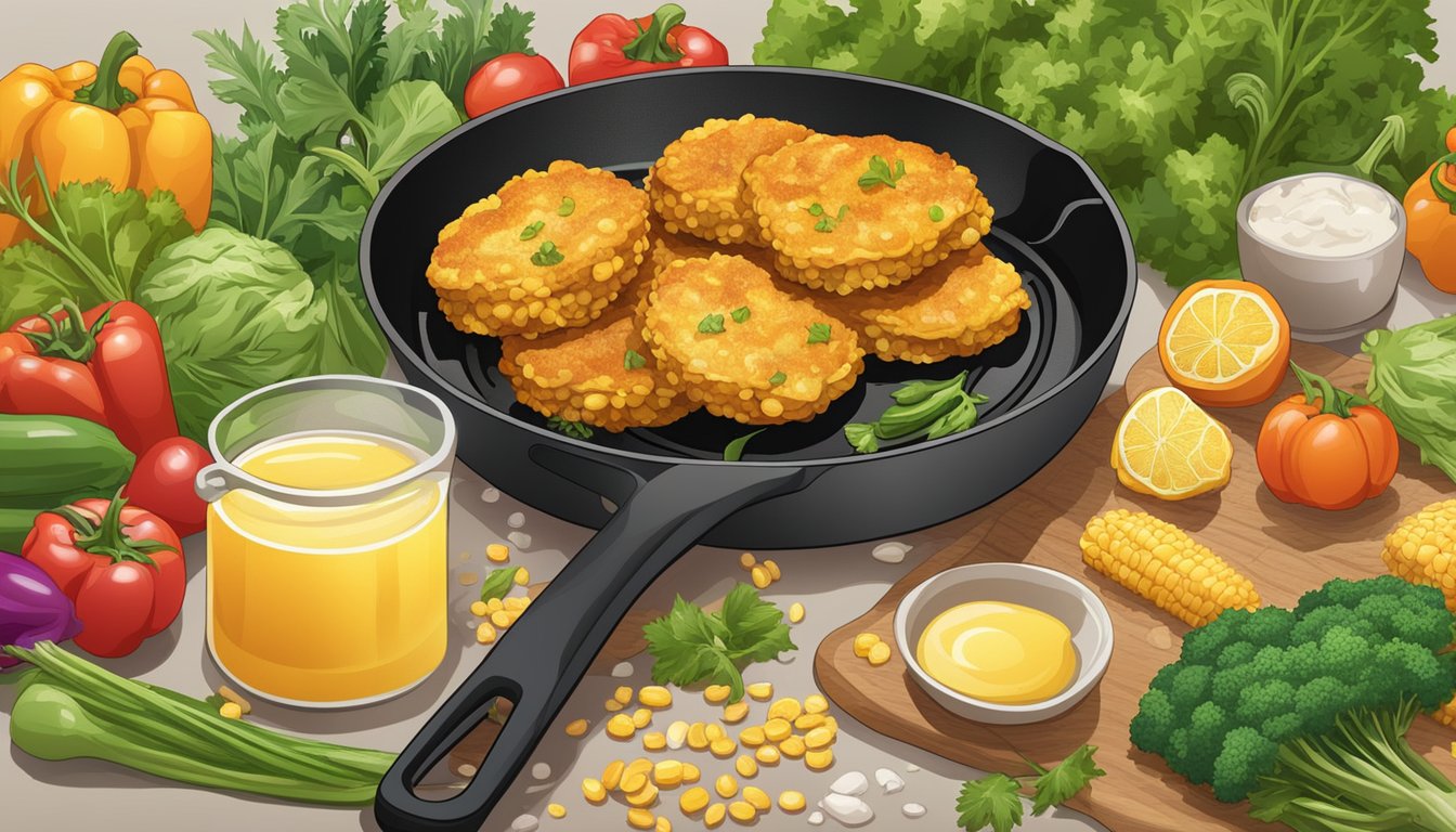 Golden corn fritters sizzling in a skillet, surrounded by colorful vegetables and herbs, with a bottle of nutritional supplements nearby