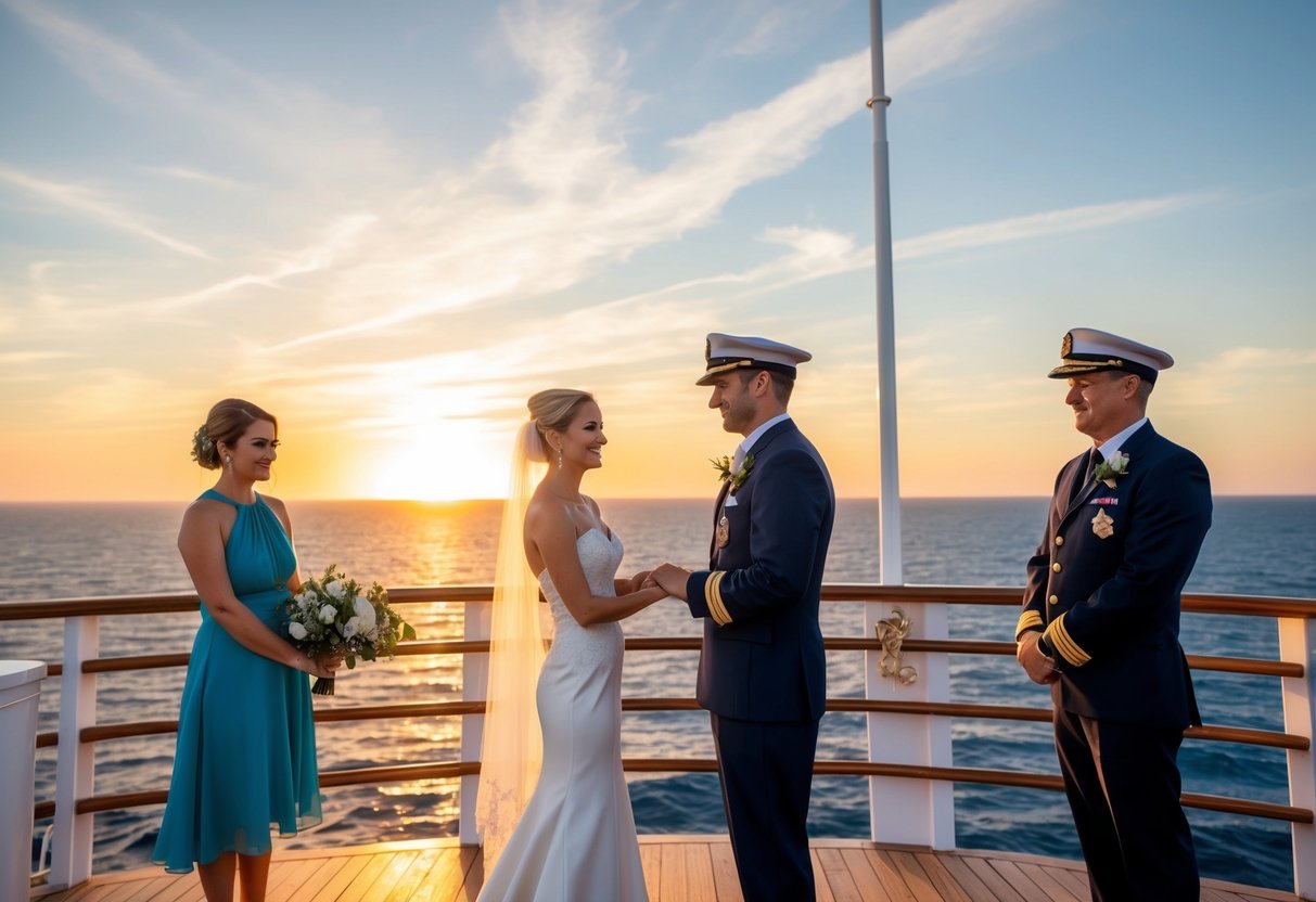 A captain officiates a wedding ceremony on a ship's deck with a backdrop of the open sea and a beautiful sunset