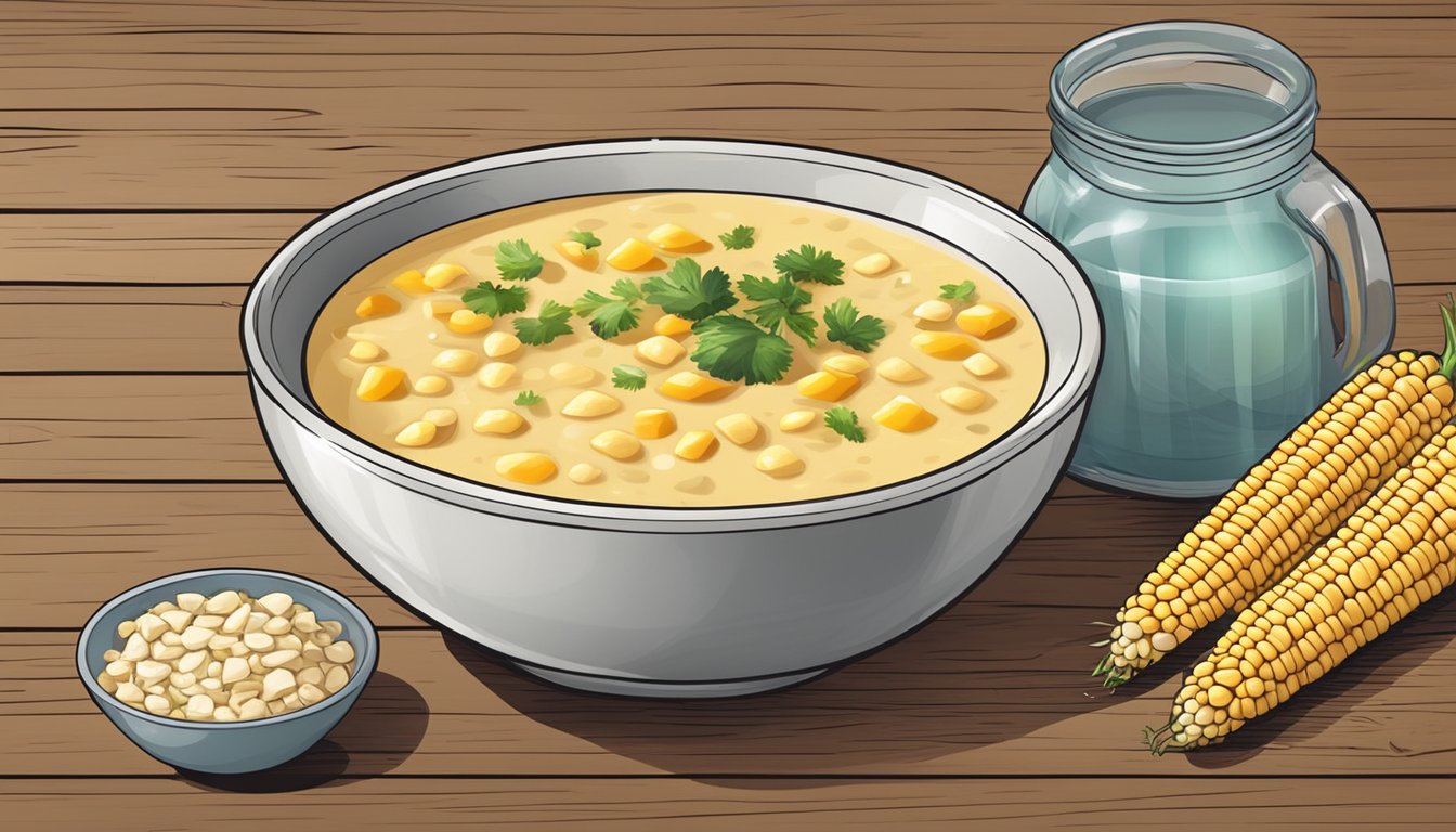 A steaming bowl of corn chowder with a variety of allergy-friendly and dietary option substitutes displayed around it on a rustic wooden table