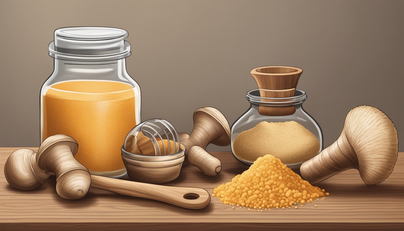 A jar of cordyceps mushroom powder sits next to fresh mushrooms and a mortar and pestle on a wooden cutting board