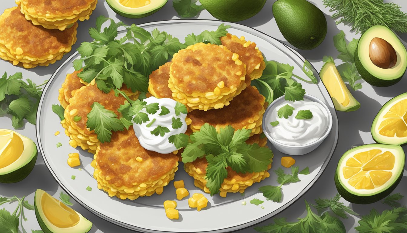 A plate of golden corn fritters surrounded by fresh herbs, sliced avocado, and a dollop of tangy sour cream