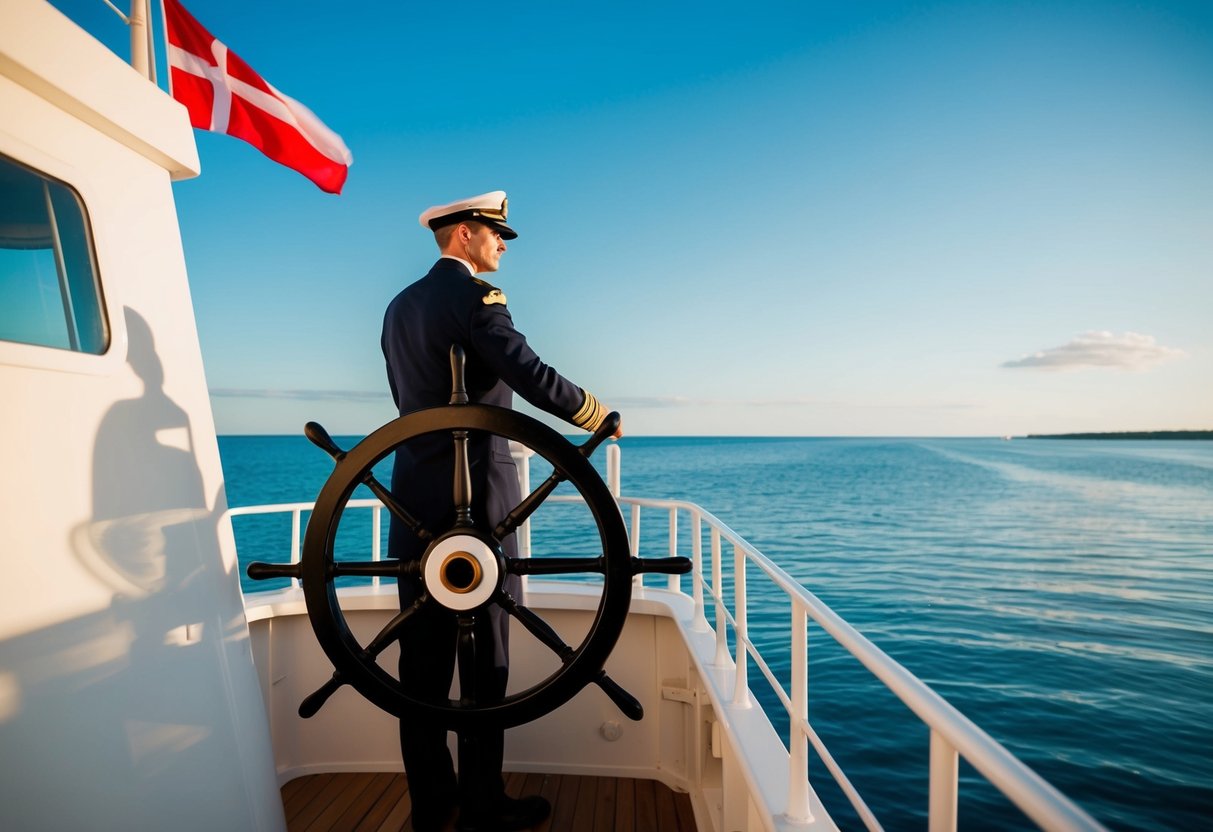A captain stands at the helm of a ship, steering through calm waters under a clear blue sky. The ship's flag flutters in the breeze