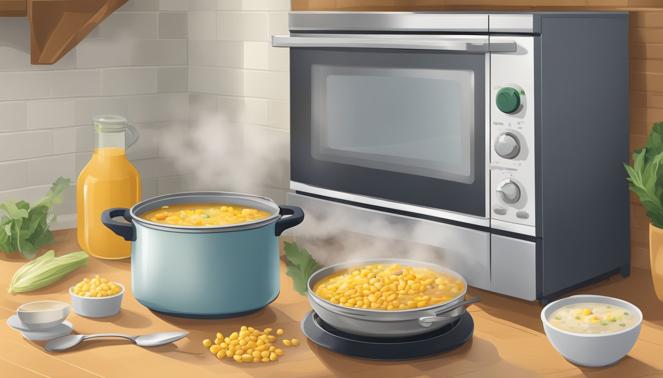 A pot of corn chowder sits on a stove, steam rising. A microwave and containers are nearby for reheating and storage