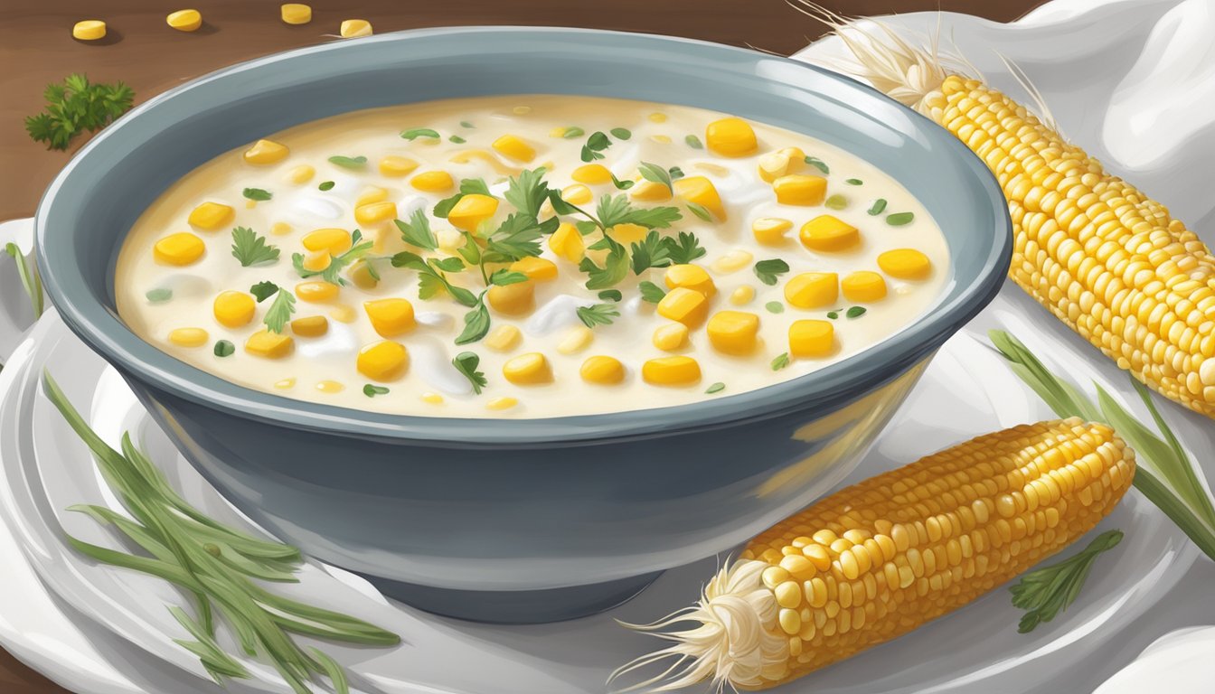 A steaming bowl of corn chowder sits on a white tablecloth, garnished with a dollop of sour cream, a sprinkle of chives, and a drizzle of olive oil