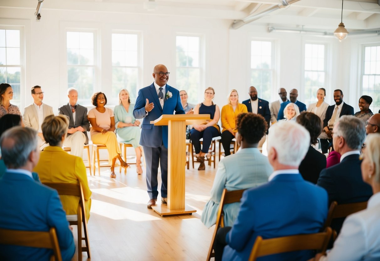A humanist celebrant stands at a podium, speaking to a diverse audience in a bright, airy room. A sense of warmth and connection fills the space