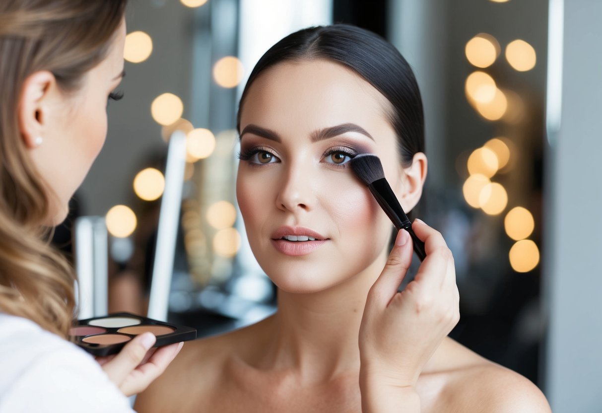 A makeup artist's hand holding a brush and palette, applying makeup to a model's face