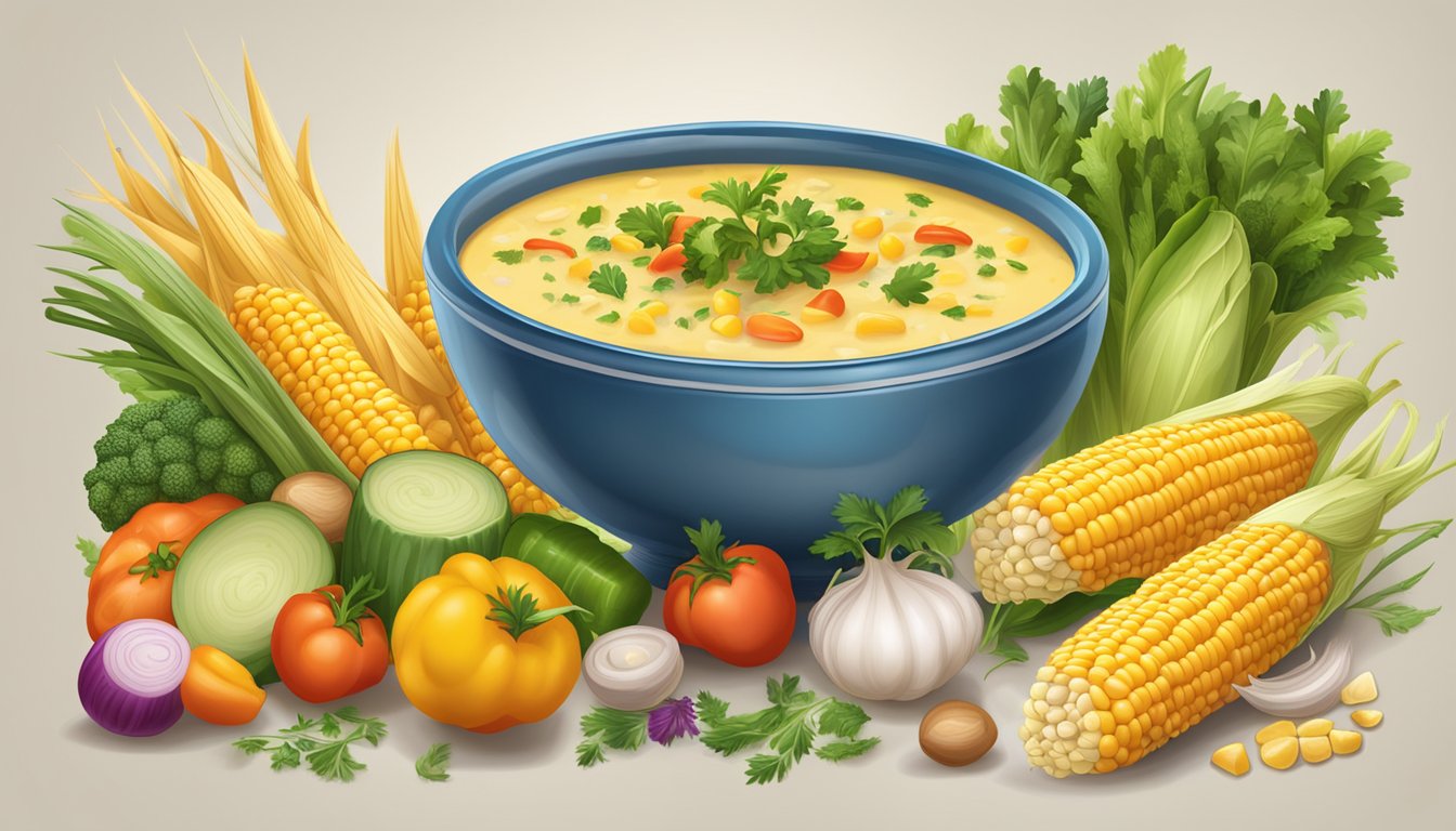 A steaming bowl of corn chowder surrounded by colorful seasonal vegetables and herbs