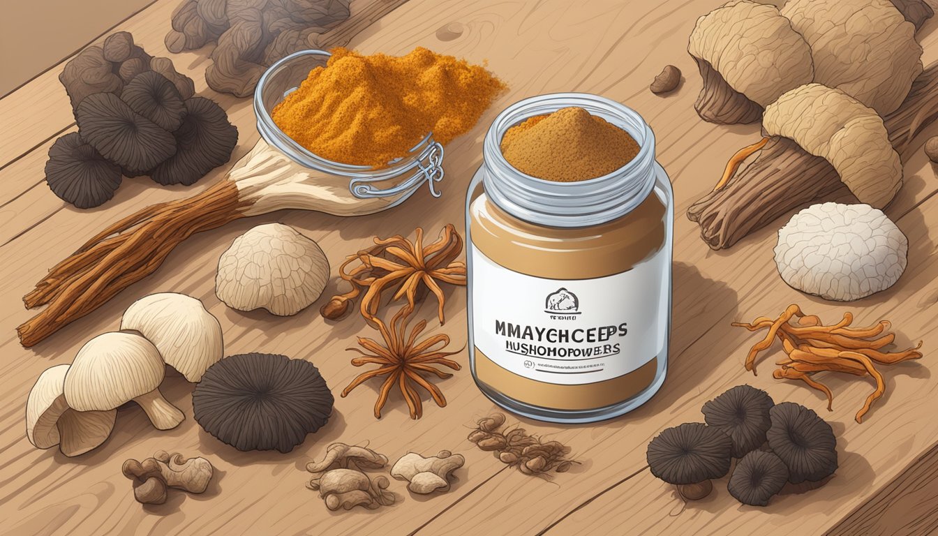 A jar of cordyceps mushroom powder surrounded by various alternative substitutes such as chaga, reishi, and lion's mane mushrooms on a wooden table