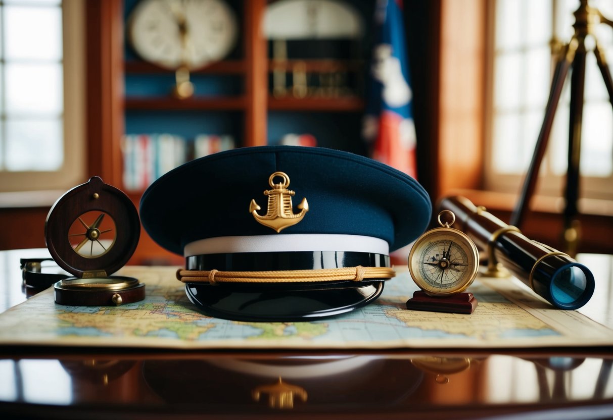 A captain's hat resting on a polished wooden desk, surrounded by a compass, a map, and a telescope