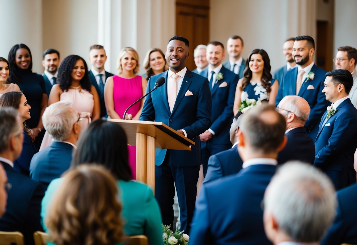 A celebrant standing at a podium, surrounded by a diverse group of people. The celebrant is speaking and holding a ceremony