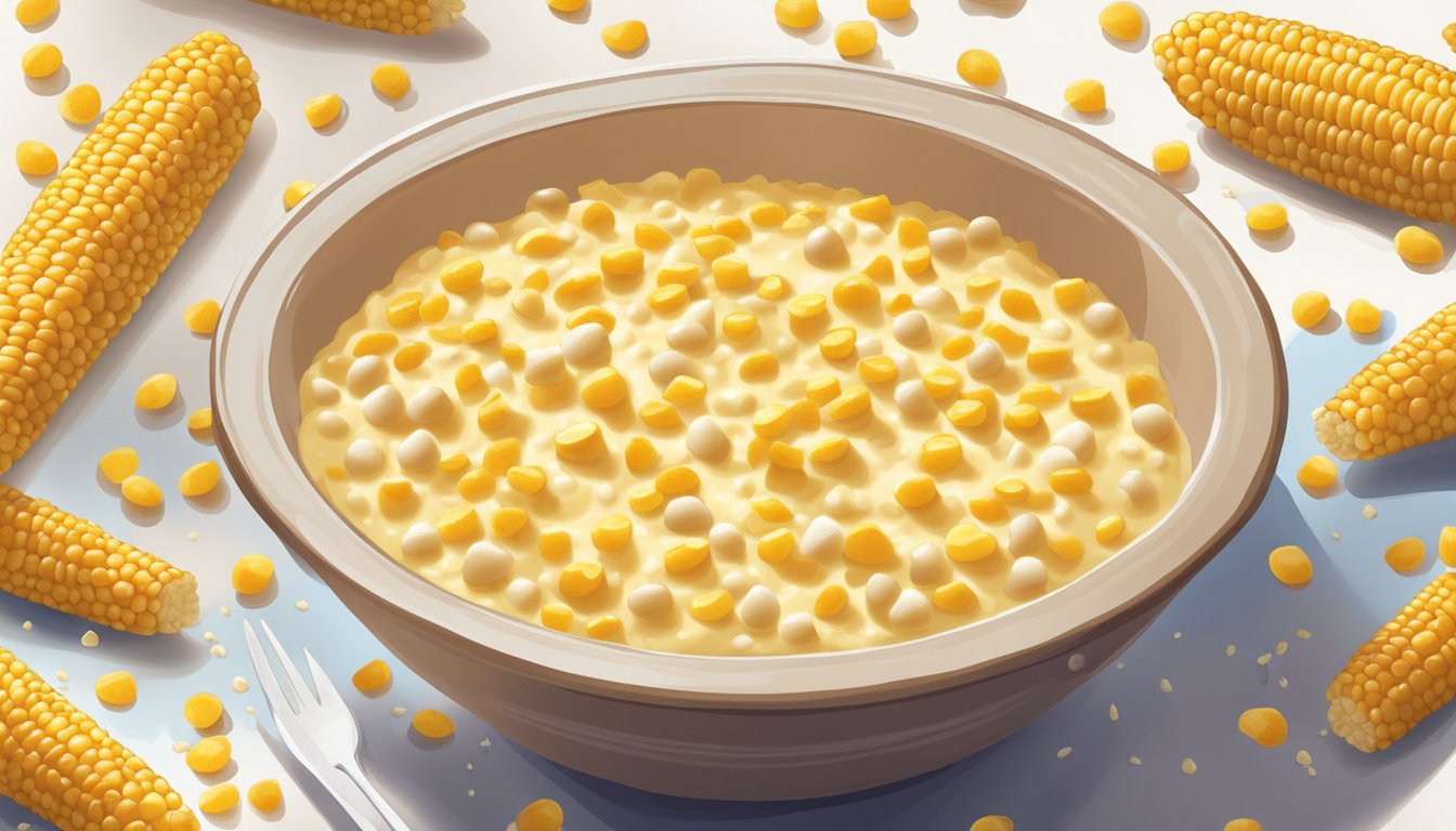 A bowl of creamy corn pudding surrounded by fresh corn cobs and a scattering of corn kernels