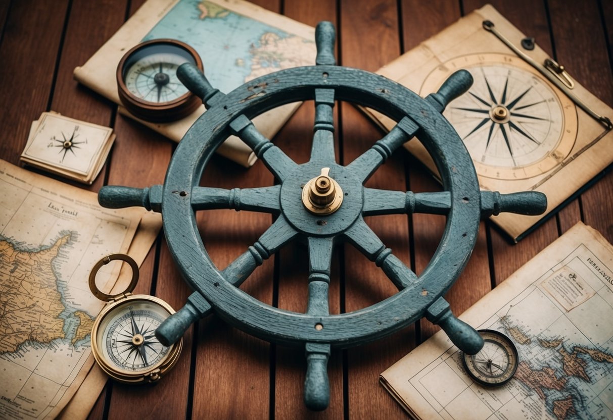 A weathered ship's wheel and compass on a wooden deck, surrounded by nautical maps and historical documents