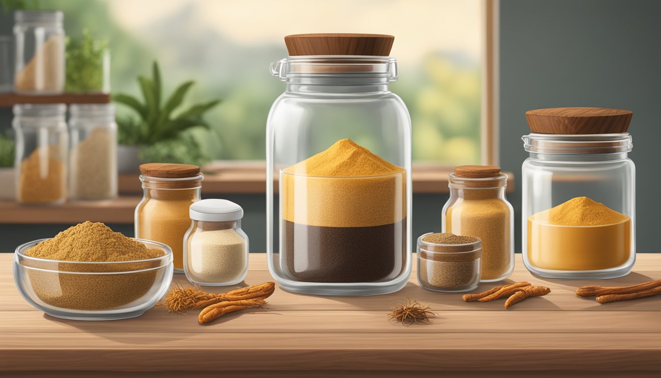 A jar of cordyceps mushroom powder surrounded by various alternative substitutes in glass containers on a wooden countertop