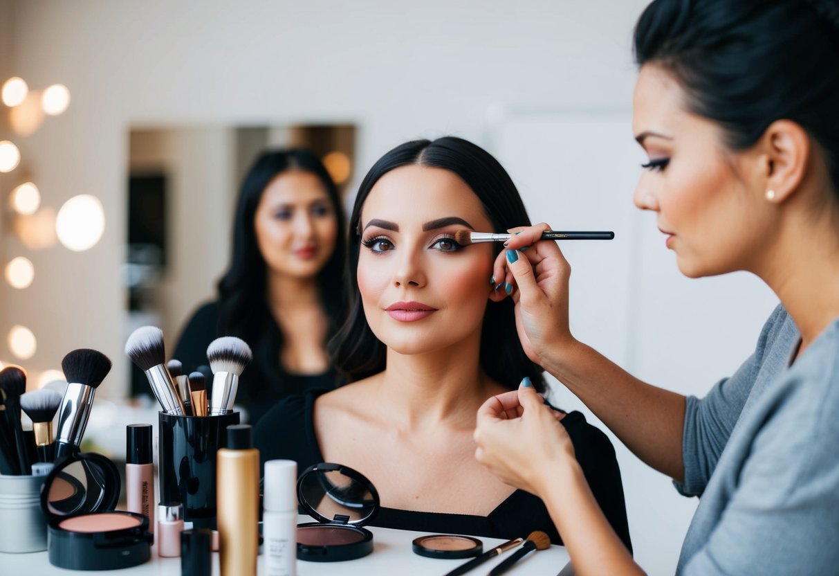 A makeup artist applying makeup to a woman's face, surrounded by various cosmetic products and tools on a table