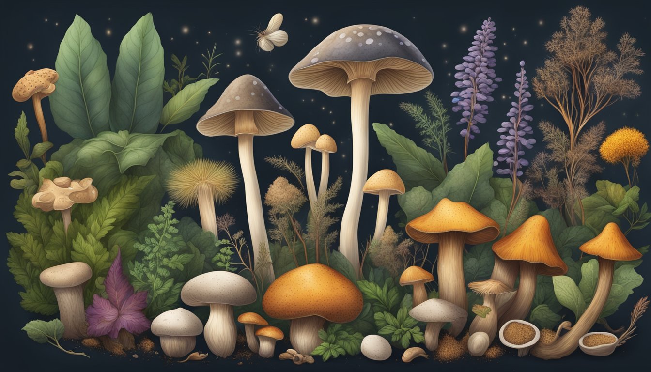 A variety of adaptogenic herbs and mushrooms arranged in a spectrum from light to dark, with a focus on cordyceps mushroom powder in the center