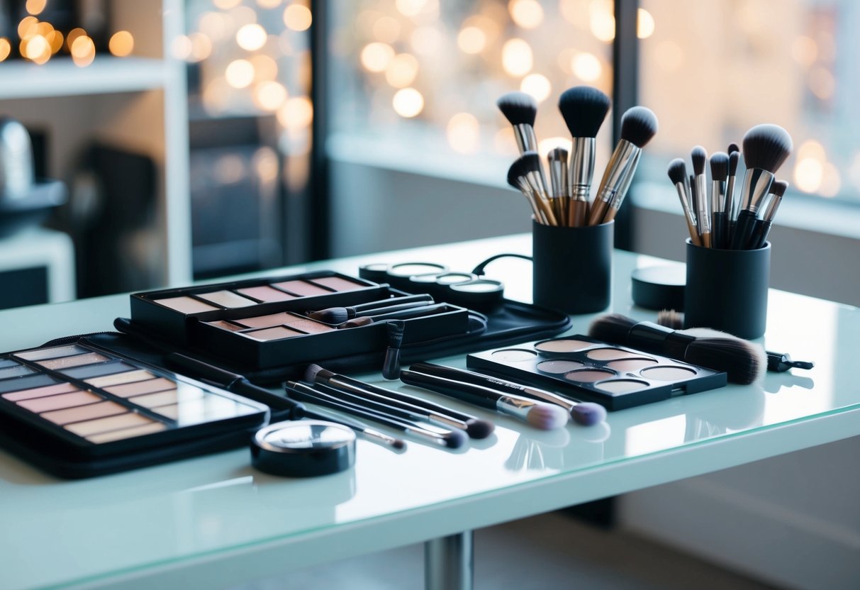 A makeup artist's kit with various brushes, palettes, and tools laid out on a clean, organized table