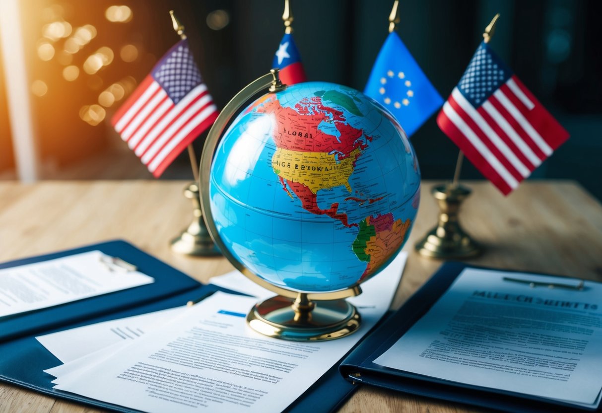 A globe surrounded by legal documents and international flags