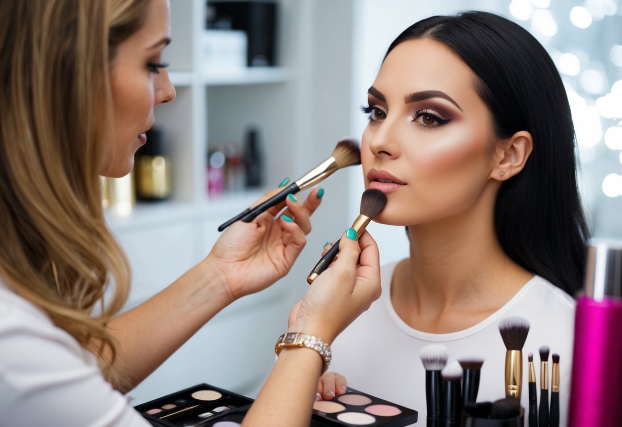 A makeup artist applies makeup to a woman's face, using various brushes and palettes in a well-lit room