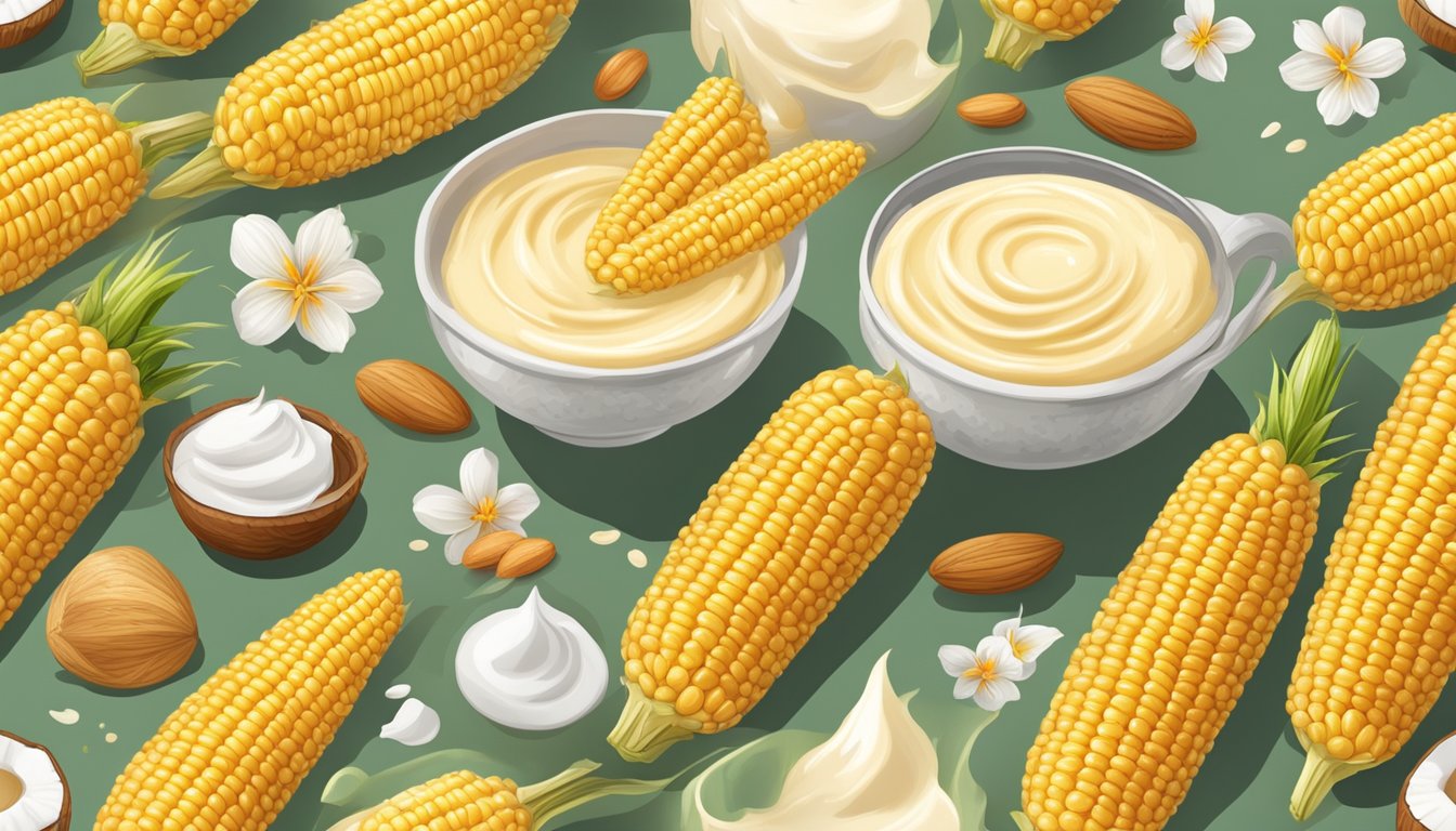 A golden ear of corn transforming into a creamy pudding, surrounded by various substitute ingredients like almond milk, coconut oil, and maple syrup