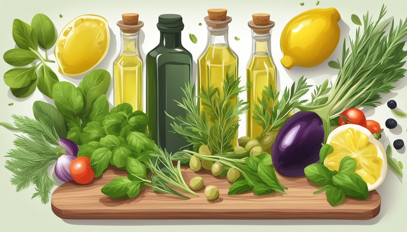 A bottle of olive oil surrounded by fresh herbs and vegetables on a cutting board