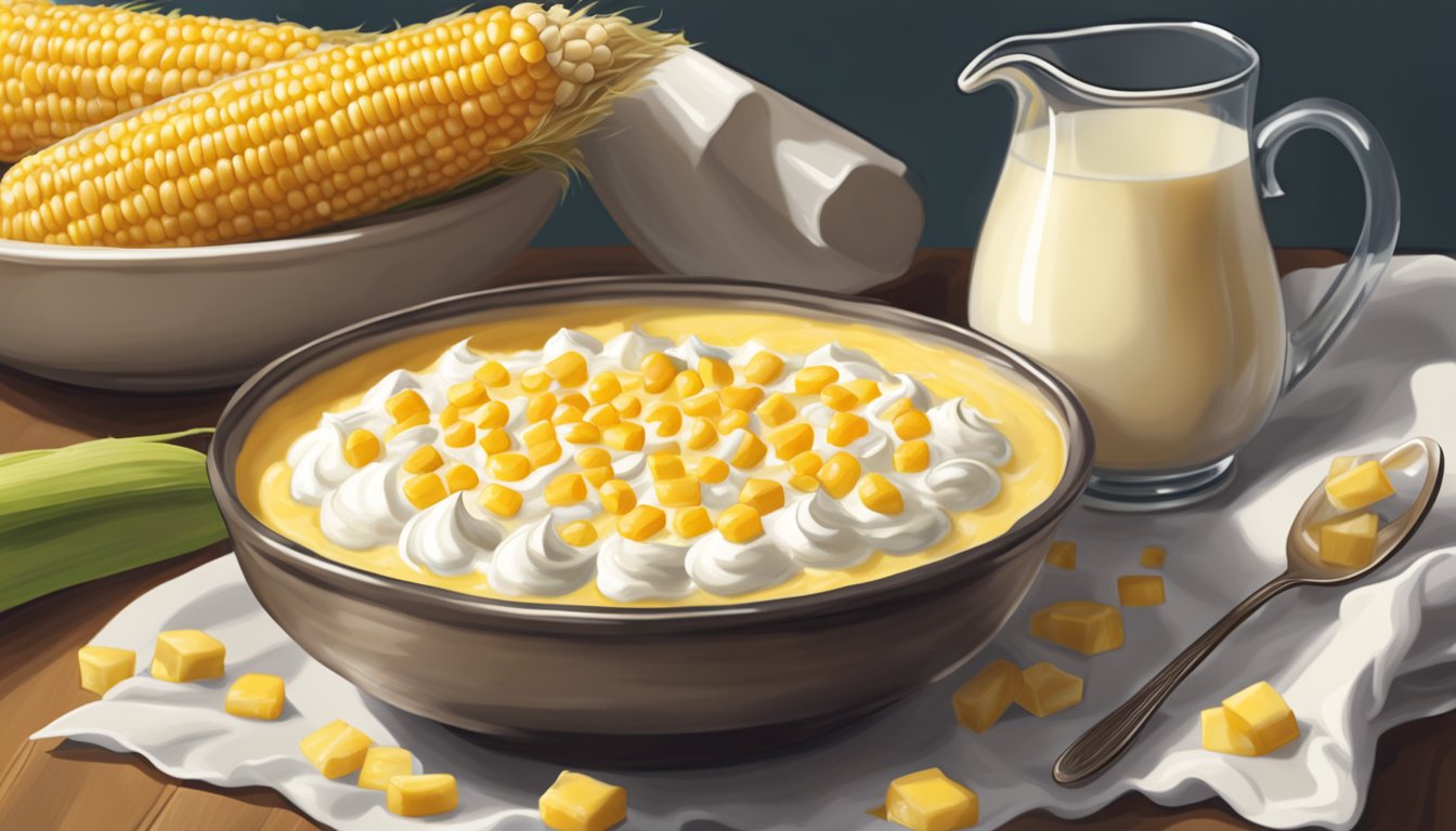 A bowl of creamy corn pudding with a dollop of whipped cream on top, surrounded by fresh ears of corn and a pitcher of milk