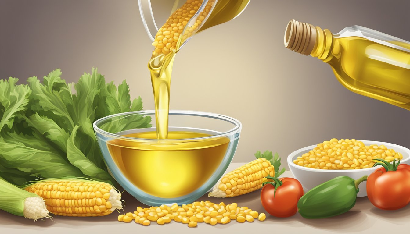 A bottle of vegetable oil being poured into a measuring cup, with a bowl of corn kernels and a pile of fresh vegetables nearby