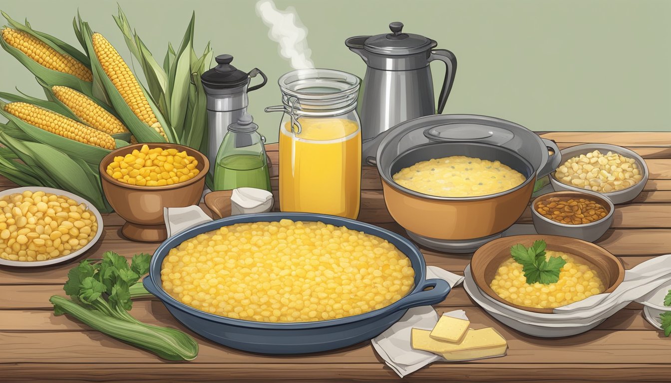 A rustic kitchen table with a steaming dish of corn pudding and various substitute ingredients scattered around