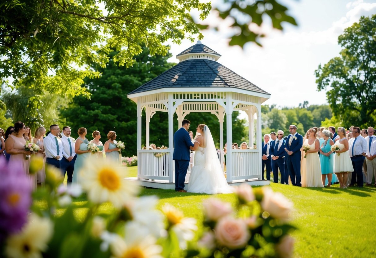 June: A sunny outdoor wedding with blooming flowers, a picturesque gazebo, and a crowd of happy guests
