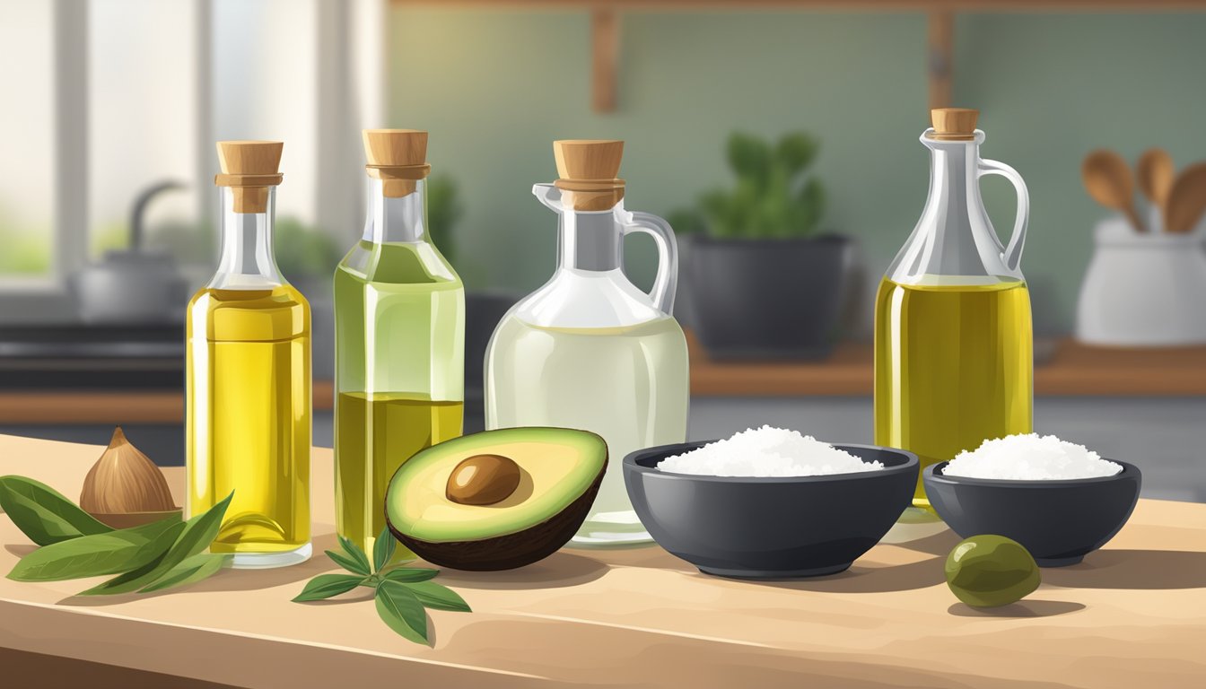 A variety of cooking oils arranged on a kitchen counter, including olive oil, coconut oil, and avocado oil, with a pot and pan nearby