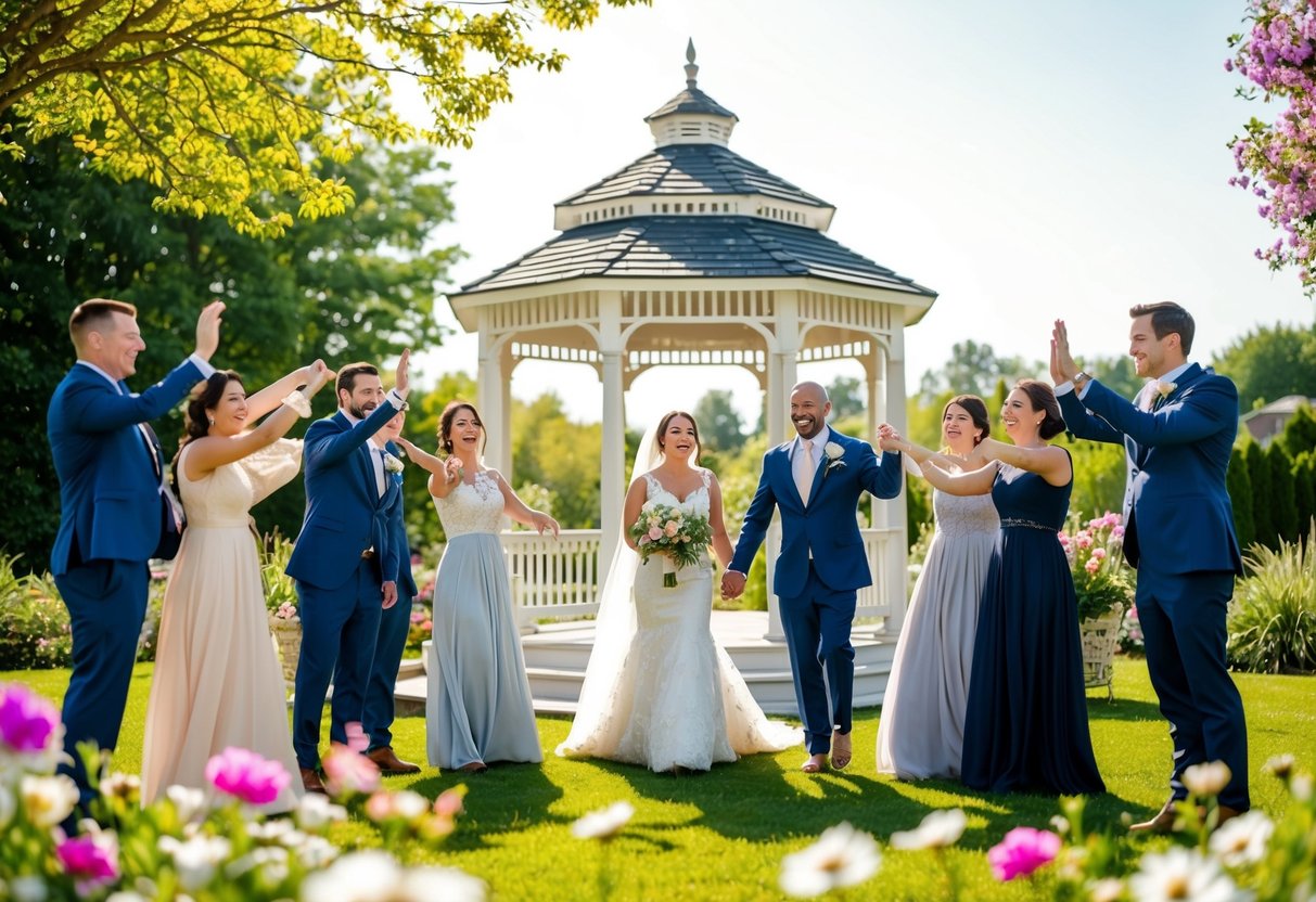 A sunny outdoor setting with blooming flowers and a picturesque gazebo, surrounded by happy couples celebrating their wedding day