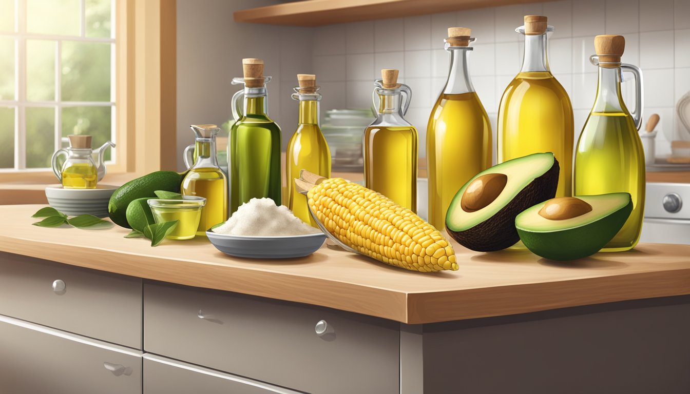 A kitchen counter with various cooking oils and ingredients, including corn oil substitutes like olive oil, avocado oil, and coconut oil