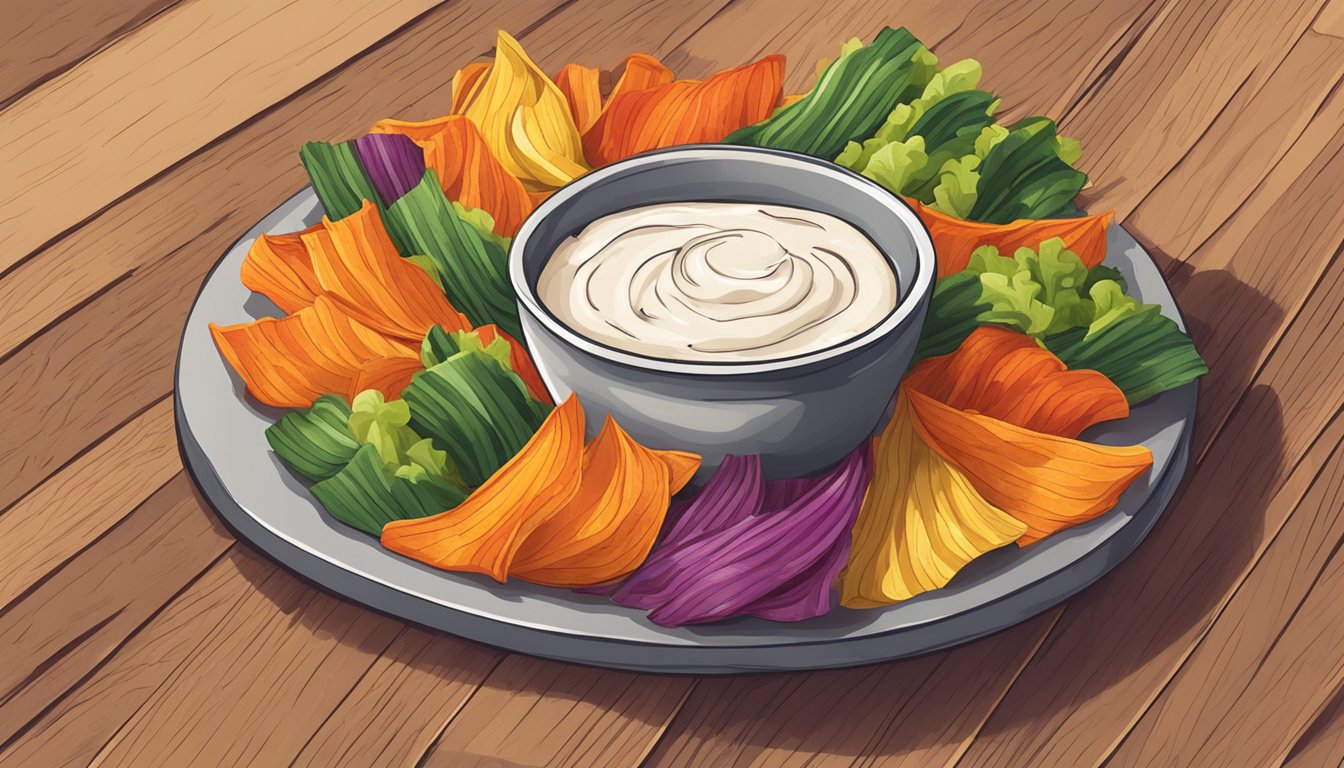 A bowl of colorful vegetable chips arranged on a wooden serving platter with a side of creamy dip