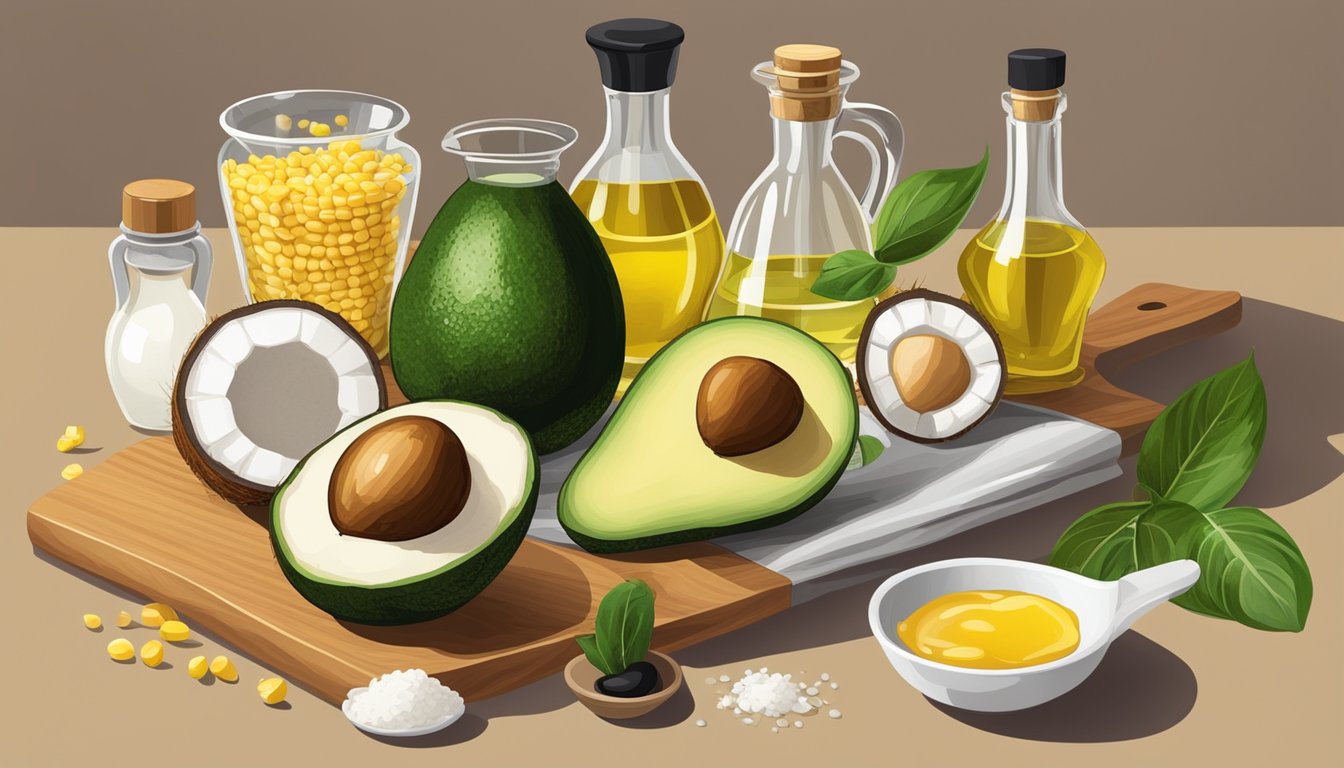 A kitchen counter with various alternative oils (e.g. avocado, coconut, olive) next to a bottle of corn oil, surrounded by cooking utensils and ingredients