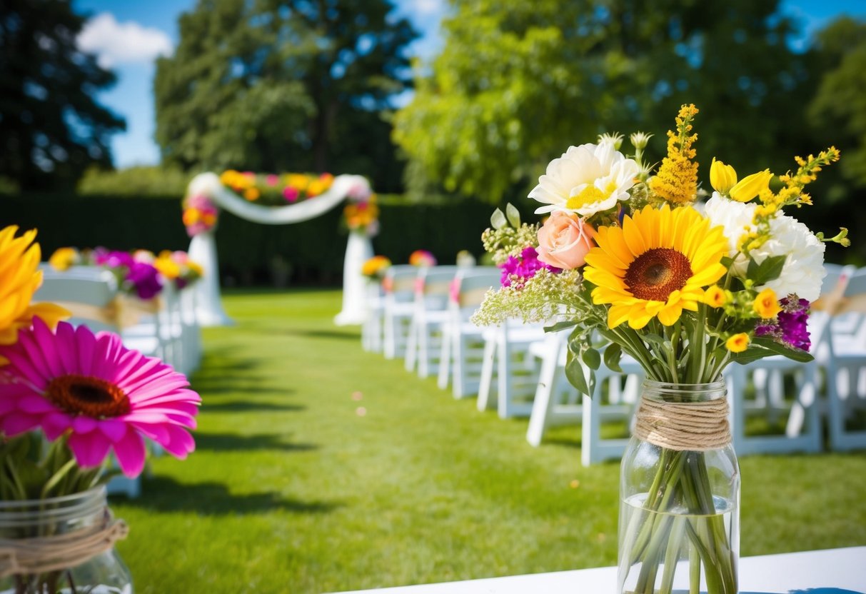 A sunny outdoor wedding in June, with colorful flowers and a budget-friendly DIY decor
